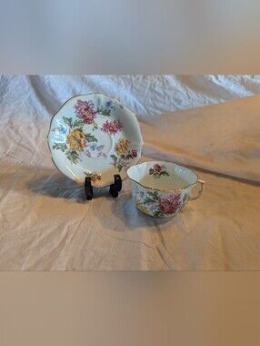 2/60$ Floral Porcelain Tea Cup & Saucer - Pink and Yellow Floral Design